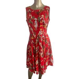 Vintage Style Red Cowgirl Pinup Novelty Print Dress Junior L Western Rockabilly